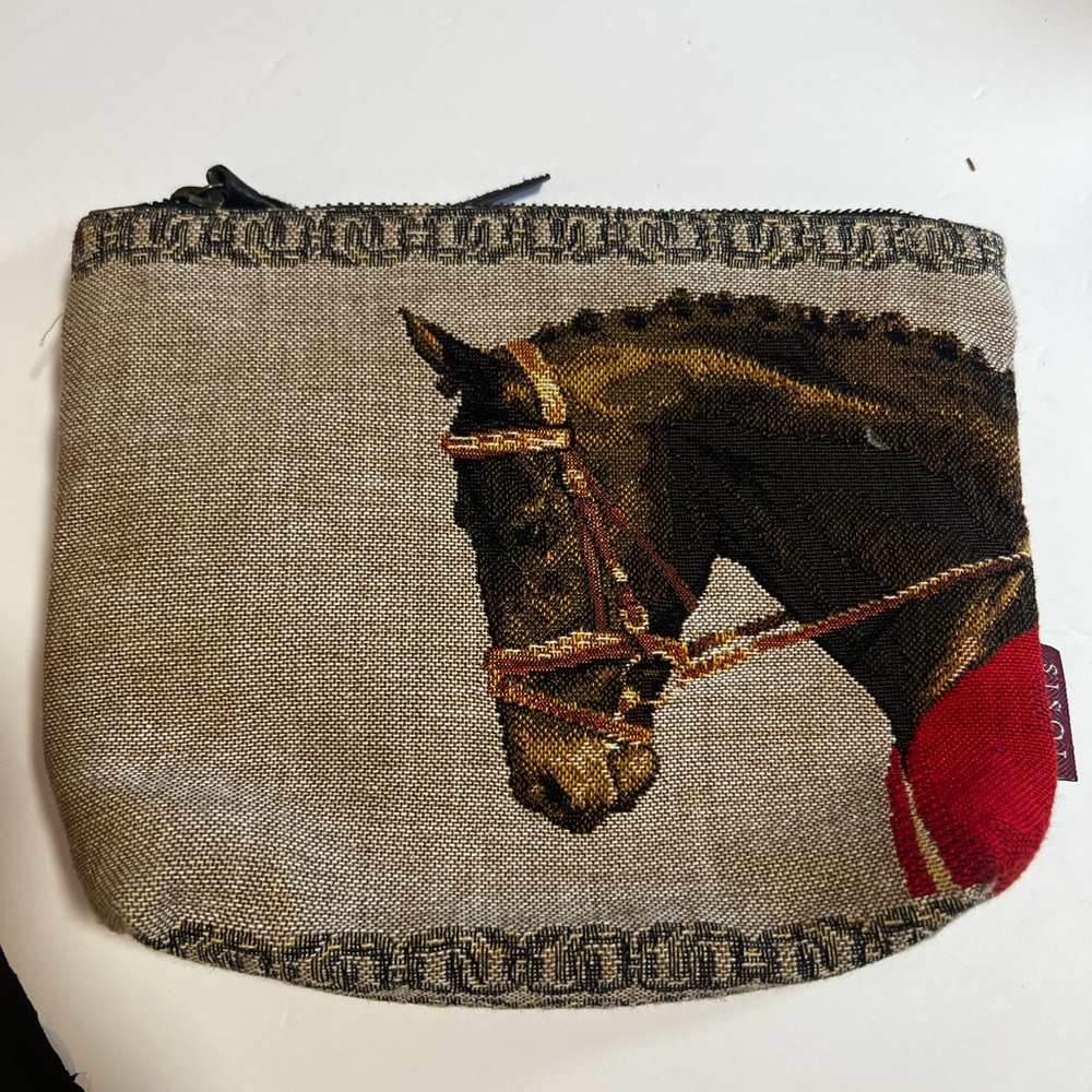 Vintage French Equestrian Tapestry Pouch | Made in France | Elegant Horse Motif